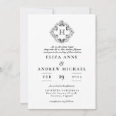 ChIc Black White Monogram Crest Wedding Invitation Kaart (Voorkant)