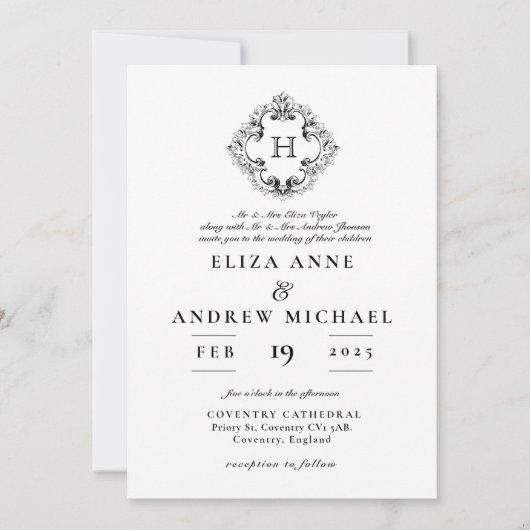 ChIc Black White Monogram Crest Wedding Invitation Kaart (Voorkant)