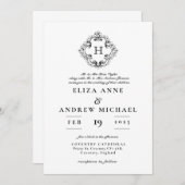 ChIc Black White Monogram Crest Wedding Invitation Kaart (Voorkant / Achterkant)