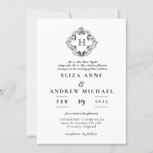 ChIc Black White Monogram Crest Wedding Invitation