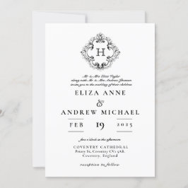 ChIc Black White Monogram Crest Wedding Invitation Kaart