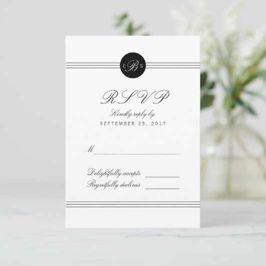 Chic Black White Monogram Response RSVP Card (Staand voorkant)