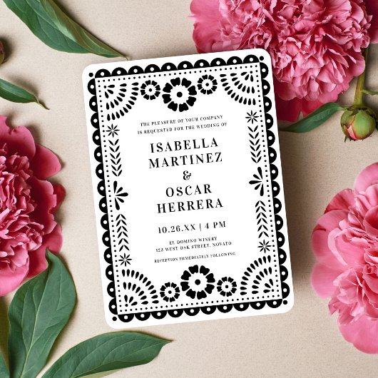 Chic Black & White Papel Picado Geïnspireerd huwel Kaart