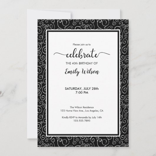 Chic Black White Pattern 40th Birthday Invitation Kaart (Voorkant)