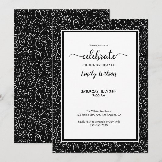 Chic Black White Pattern 40th Birthday Invitation Kaart (Voorkant / Achterkant)