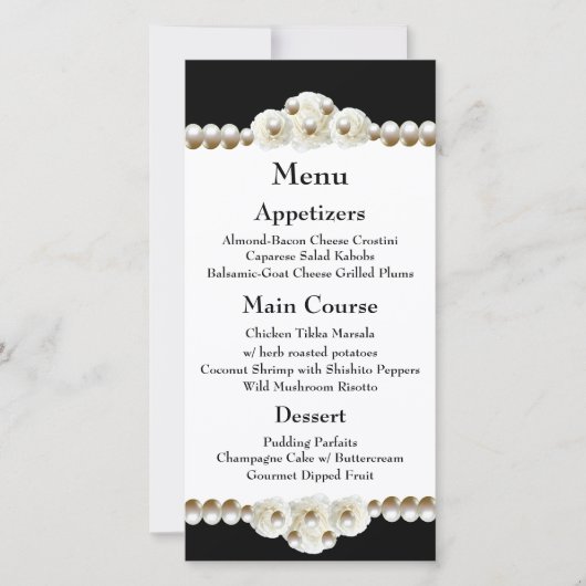 Chic Black & White Pearl Wedding Menu (Voorkant)
