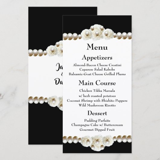 Chic Black & White Pearl Wedding Menu (Voorkant / Achterkant)