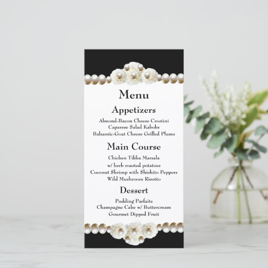 Chic Black & White Pearl Wedding Menu (Staand voorkant)