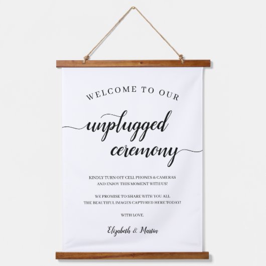 Chic Black & White Script Unplugged Ceremony Sign Hangend Wandkleed (Voorkant)