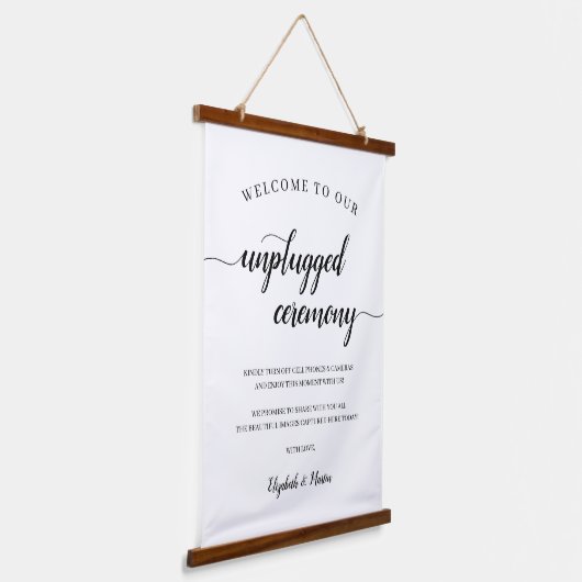 Chic Black & White Script Unplugged Ceremony Sign Hangend Wandkleed (Gebogen)