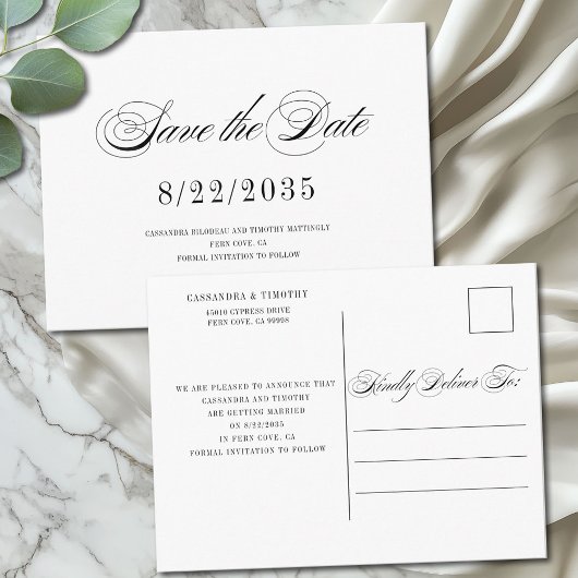 Chic Black White Script Wedding Sla de datum op Briefkaart