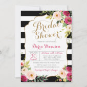 Chic Black White Stripe Pink Floral Vrijgezellenfe Kaart (Voorkant)