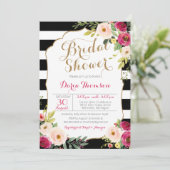 Chic Black White Stripe Pink Floral Vrijgezellenfe Kaart (Staand voorkant)