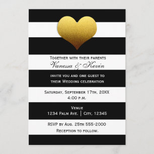 Chic Black White Striped Gold Heart Invitation Kaart