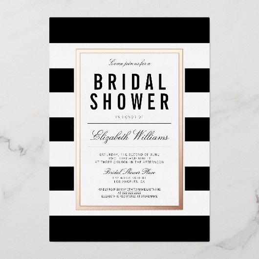 Chic Black White Striped Vrijgezellenfeest Roos Go Folie Uitnodiging (Voorkant)