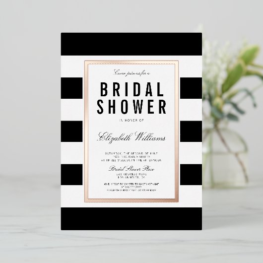 Chic Black White Striped Vrijgezellenfeest Roos Go Folie Uitnodiging (Staand Voorkant)