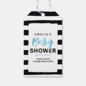 Chic Black & White Stripes Blue Baby shower Cadeaulabel (Voorkant)