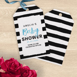 Chic Black & White Stripes Blue Baby shower Cadeaulabel