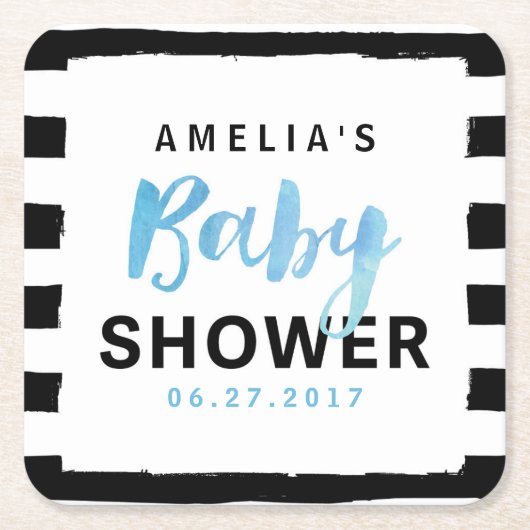 Chic Black & White Stripes Blue Baby shower Kartonnen Onderzetters (Voorkant)