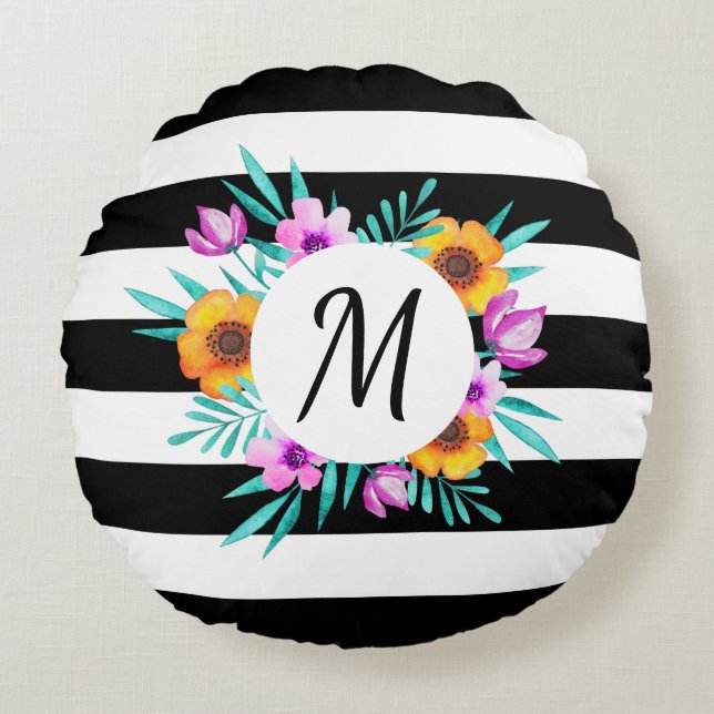 Chic Black White Stripes Floral Custom Monogram Rond Kussen (Voorkant)