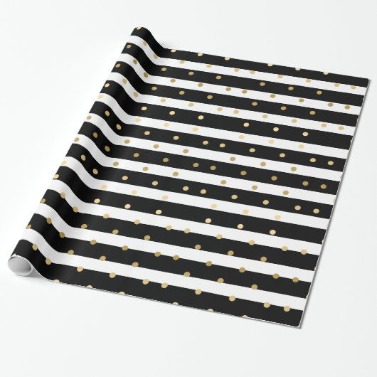 Chic Black & White Stripes met Gold Polka Dots Cadeaupapier (Uitgerold)