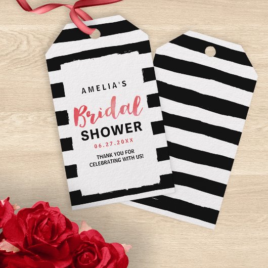 Chic Black & White Stripes Red Vrijgezellenfeest Cadeaulabel