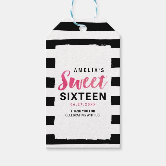 Chic Black & White Stripes Roze Sweet 16 Birthday Cadeaulabel (Voorkant)