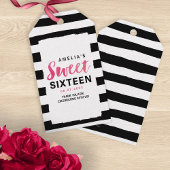 Chic Black & White Stripes Roze Sweet 16 Birthday Cadeaulabel
