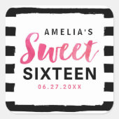 Chic Black & White Stripes Roze Sweet 16 Vierkante Sticker (Voorkant)