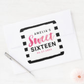 Chic Black & White Stripes Roze Sweet 16 Vierkante Sticker (Envelop)