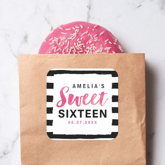 Chic Black & White Stripes Roze Sweet 16 Vierkante Sticker