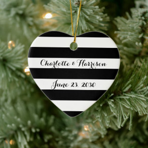 Chic Black White stripes scriptnamen Kerstmis Keramisch Ornament