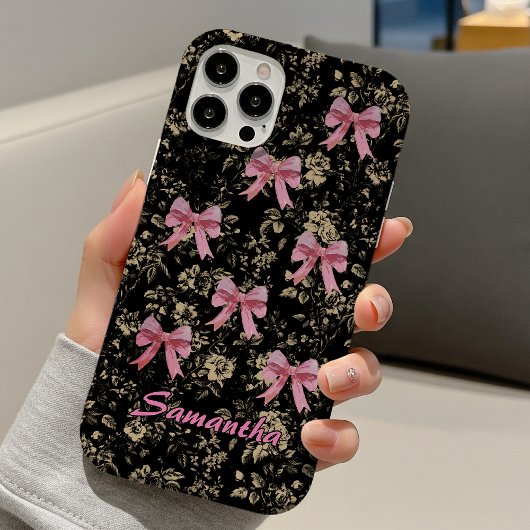 Chic black white toile pink coquette bows monogram Case-Mate iPhone case