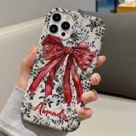 Chic black white toile red coquette bow monogram iPhone 16 hoesje
