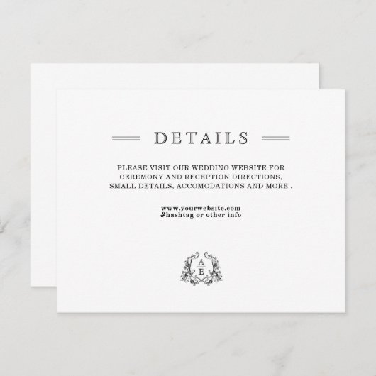 Chic Black White Wedding Details Enclosure Kaart (Voorkant / Achterkant)