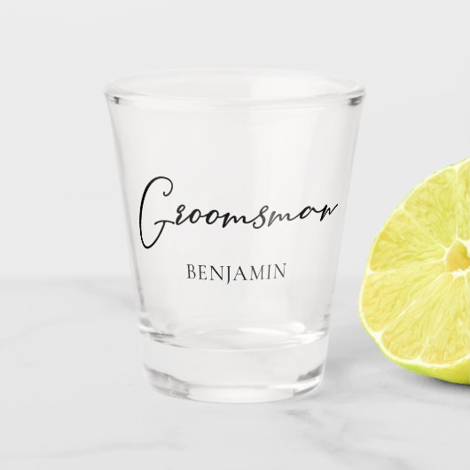 Chic Black White Wedding Modern Custom Groomsman Shot Glas (Voorkant)