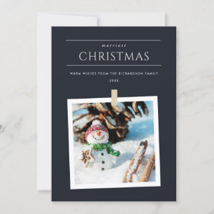 CHIC BLACK WINTER PHOTO SNOWMAN MERRIEST CHRISTMAS FEESTDAGENKAART