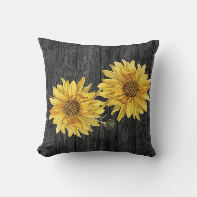 Chic Black Wood Grain and Sunflower Pillow Kussen (Voorkant)