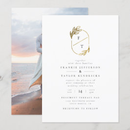 Chic bladgoud monogram | Minimalistische trouwfoto Kaart