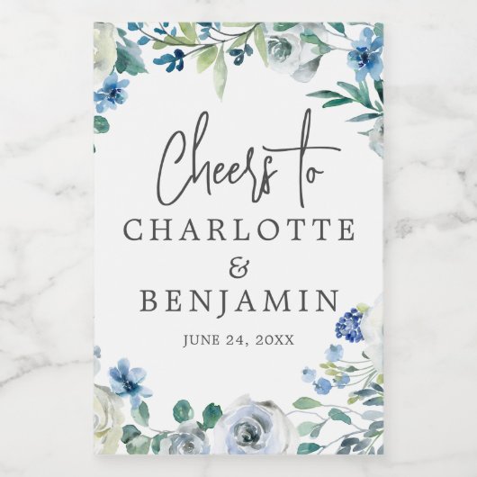 Chic Blauw Bloemen Tuin Huwelijk Custom Mini Wijn Etiket (Enkel label)