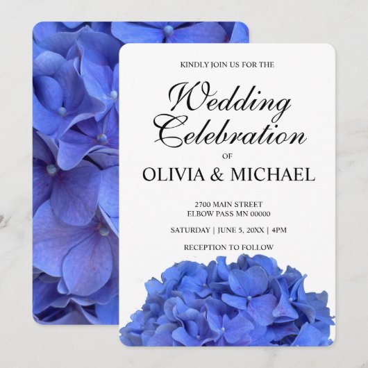 Chic blauw elegante bloemen hortensia's bruiloft kaart (Voorkant / Achterkant)