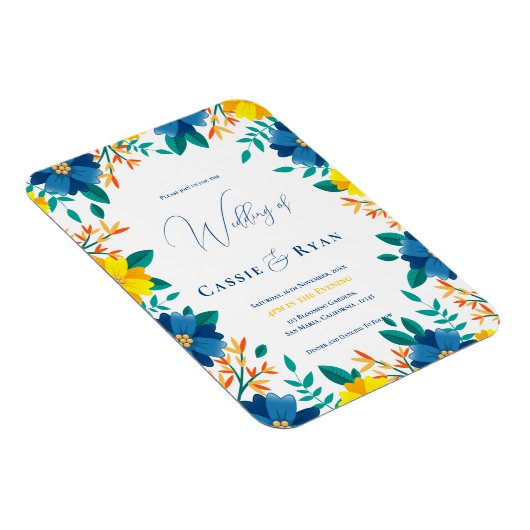 Chic Blauw En Geel Bloemen Huwelijksuitnodiging Magneet (Rechterzijde)