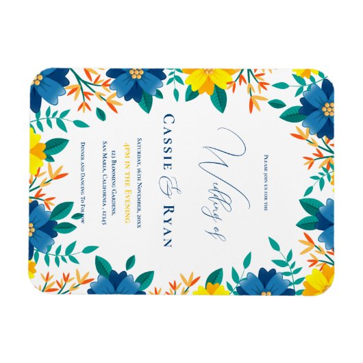 Chic Blauw En Geel Bloemen Huwelijksuitnodiging Magneet (Horizontaal)