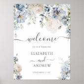Chic Blauw en Wit Bloemen Huwelijk Welkom Poster (Voorkant)