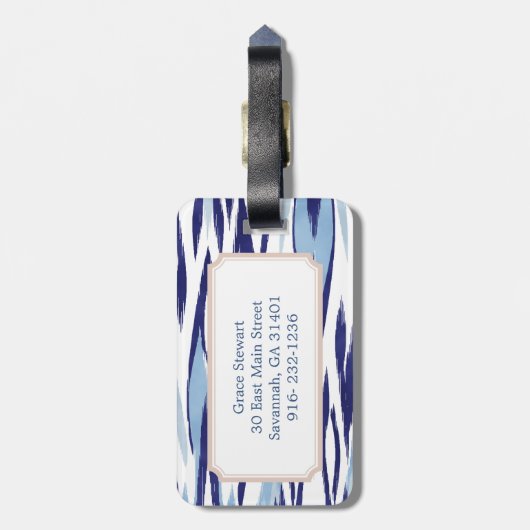 Chic-blauw en wit waterverf ikatroon bagagelabel (Achterkant verticaal)