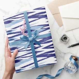 Chic-blauw en wit waterverf ikatroon cadeaupapier
