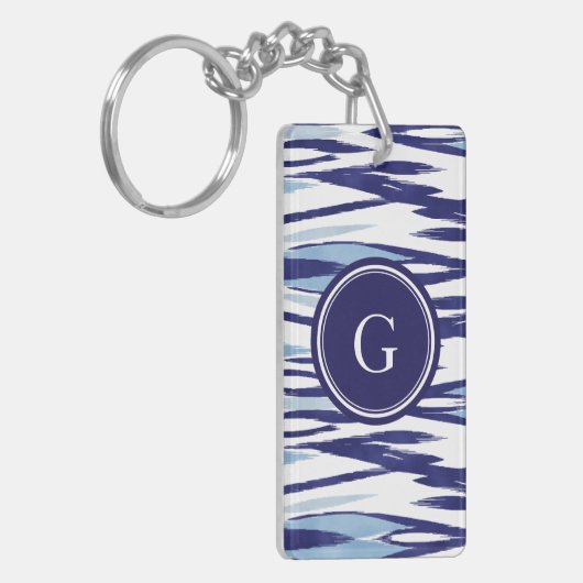 Chic-blauw en wit waterverf ikatroon sleutelhanger (Voorkant Links)