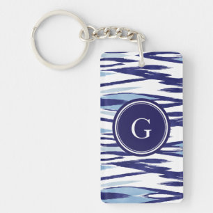 Chic-blauw en wit waterverf ikatroon sleutelhanger