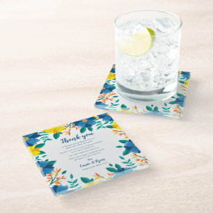 Chic Blauw Geel Bloemen Huwelijk Dank u Bericht Glazen Onderzetter