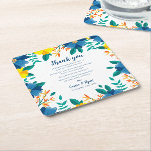 Chic Blauw Geel Bloemen Huwelijk Dank u Bericht Kartonnen Onderzetters
